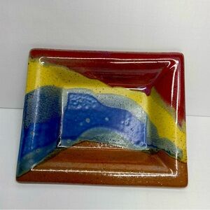 Ceramic Glazed Colorful Pottery Trinket Dish Signed